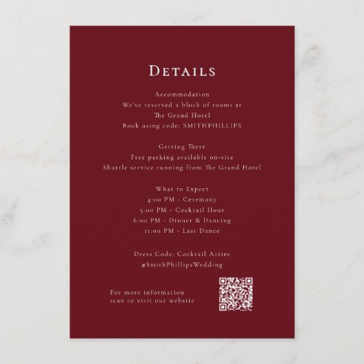Deep Red Modern Wedding Details Enclosure Kaart (Voorkant)