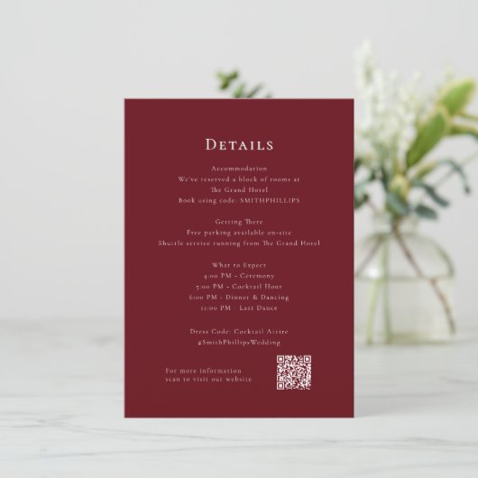 Deep Red Modern Wedding Details Enclosure Kaart (Staand voorkant)
