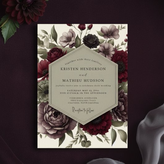 Deep Red Moody Bloom Wedding Kaart