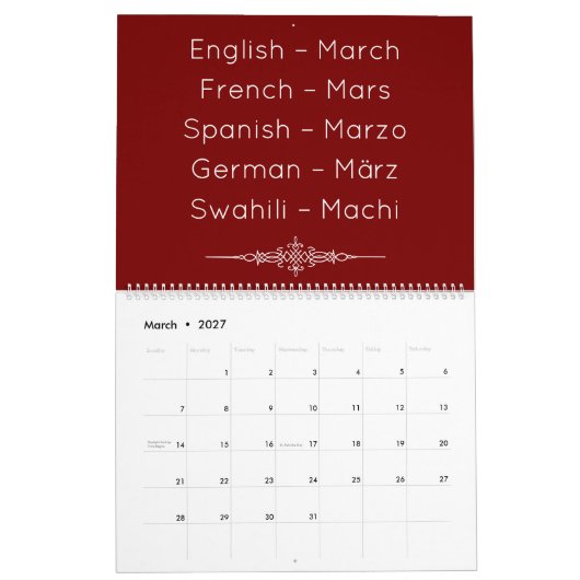 Deep Red Multilingual Calendar Kalender (Mar 2027)