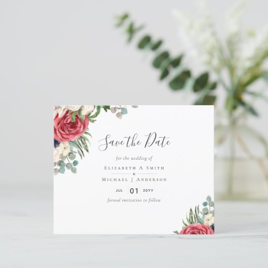 Deep Red Navy Floral Eucalyptus Greenery Wedding (Staand voorkant)