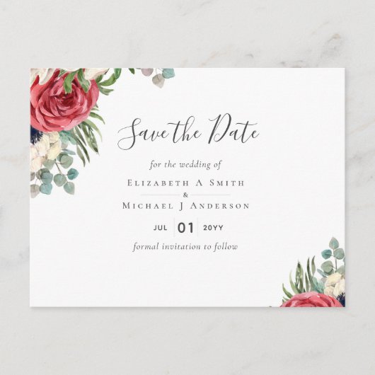 Deep Red Navy Floral Eucalyptus Greenery Wedding Briefkaart (Voorkant)