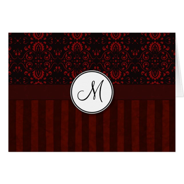 Deep Red op zwarte Damask en Stripes met monogram (Voorkant Horizontaal)