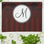 Deep Red op zwarte Damask en Stripes met monogram Theedoek (Gevouwen)