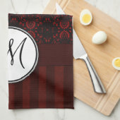 Deep Red op zwarte Damask en Stripes met monogram Theedoek (Quarter Fold)