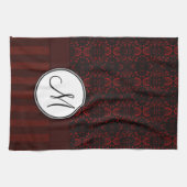 Deep Red op zwarte Damask en Stripes met monogram Theedoek (Horizontaal)
