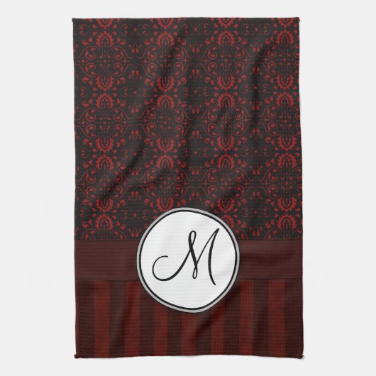 Deep Red op zwarte Damask en Stripes met monogram Theedoek (Verticaal)