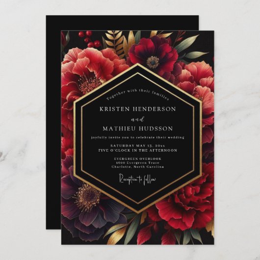 Deep Red Opulent Floral Wedding Kaart (Voorkant / Achterkant)