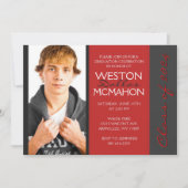 Deep Red & Pinstripe Grey Foto Afstuderen Kaart (Voorkant)
