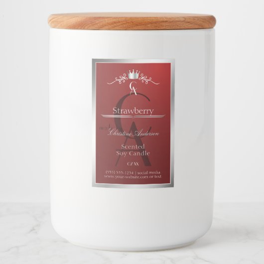 Deep Red Product Label with Silver Frame Monogram Voedselcontainer Etiket (Voorkant)