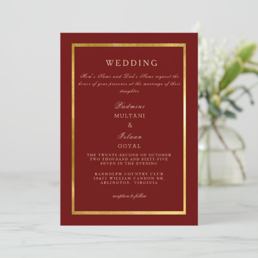 Deep Red Regal Gold Wedding Kaart (Staand voorkant)