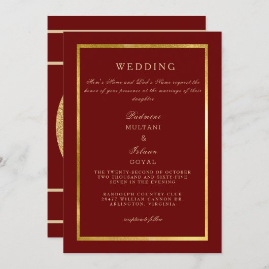 Deep Red Regal Gold Wedding Kaart (Voorkant / Achterkant)