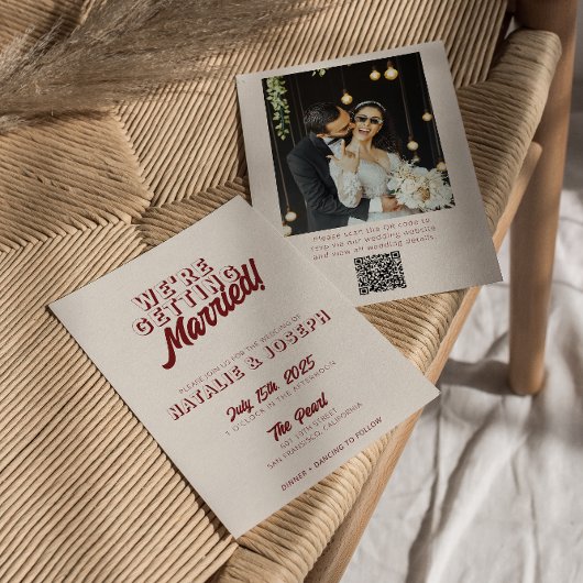 Deep Red Retro Bold Unique QR Code Photo Wedding Kaart