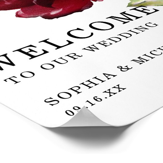 Deep Red Rose Floral Wedal Welcome Sign Poster (Hoek)