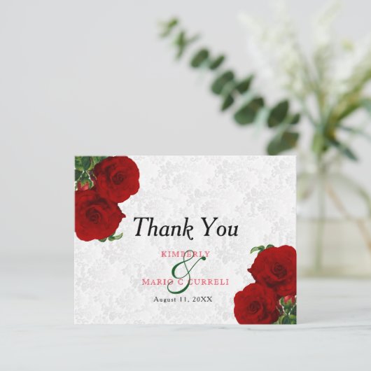Deep Red Rose Floral Wedding - Hartelijk dank Briefkaart (Staand voorkant)