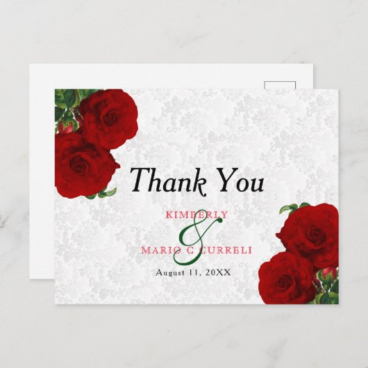 Deep Red Rose Floral Wedding - Hartelijk dank Briefkaart (Voorkant / Achterkant)