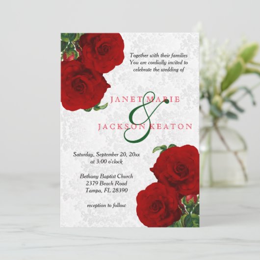 Deep Red Rose Floral Wedding Invitation Kaart (Staand voorkant)