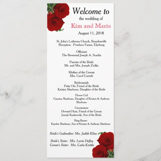 Deep Red Rose Floral Wedding Programme Programmakaart (Voorkant)