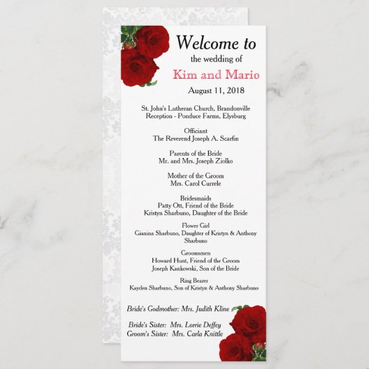 Deep Red Rose Floral Wedding Programme Programmakaart (Voorkant / Achterkant)