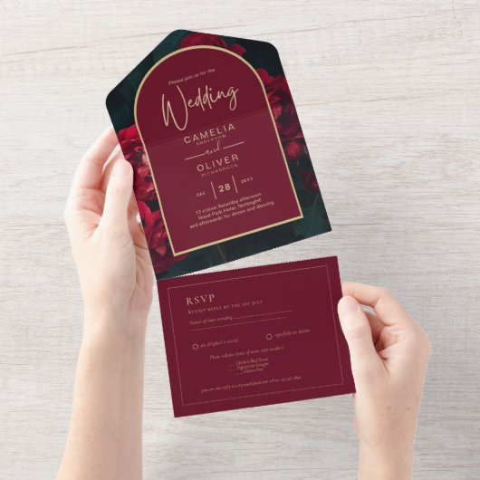 Deep Red Roses Forest Green Winter Wedding All In One Uitnodiging (Afscheurbaar)