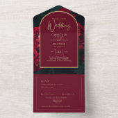 Deep Red Roses Forest Green Winter Wedding All In One Uitnodiging (Binnen)