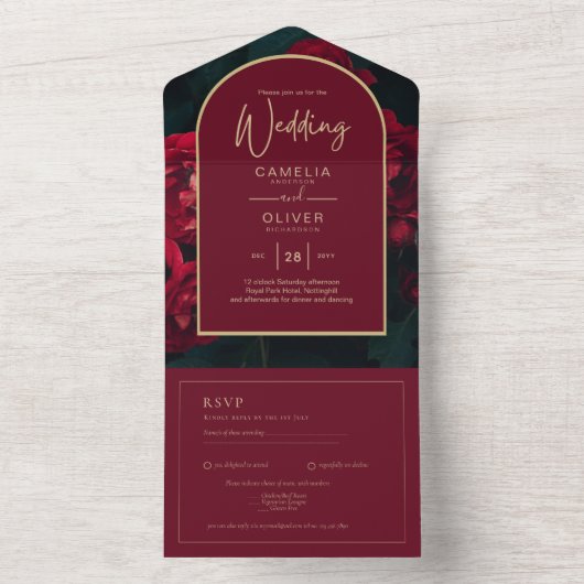 Deep Red Roses Forest Green Winter Wedding All In One Uitnodiging (Binnen)