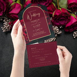 Deep Red Roses Forest Green Winter Wedding All In One Uitnodiging