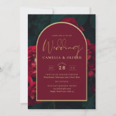 Deep Red Roses Forest Green Winter Wedding Kaart (Voorkant)