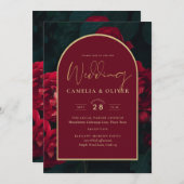 Deep Red Roses Forest Green Winter Wedding Kaart (Voorkant / Achterkant)