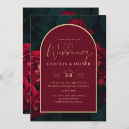 Deep Red Roses Forest Green Winter Wedding Kaart