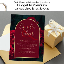 Deep Red Roses Forest Green Winter Wedding Kaart