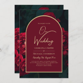 Deep Red Roses Forest Green Winter Wedding Kaart