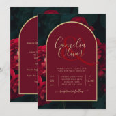 Deep Red Roses Forest Green Winter Wedding Kaart (Voorkant / Achterkant)