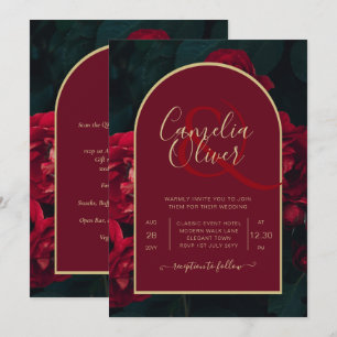 Deep Red Roses Forest Green Winter Wedding Kaart