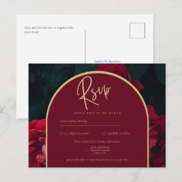 Deep Red Roses Forest Green Winter Wedding RSVP Briefkaart