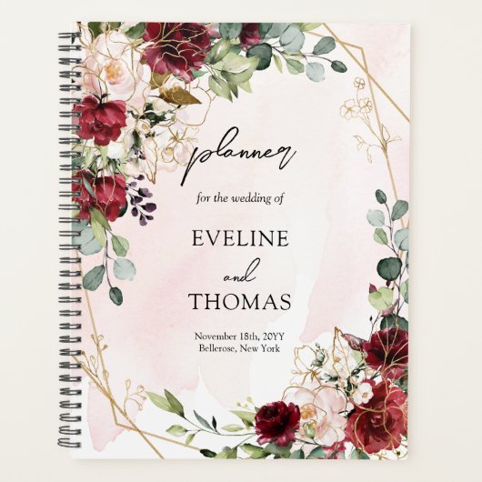 Deep Red Roses Fresh Greenery Gold lijst bruiloft Planner (Voorkant)
