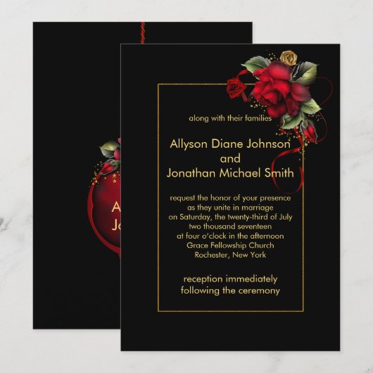 Deep Red Roses Greenery Gold Sparkles Weduwen | Kaart (Voorkant / Achterkant)