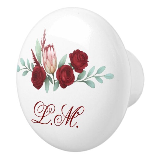 Deep Red Roses & Protea Floral Script Monogram Keramische Knop (Rechts)