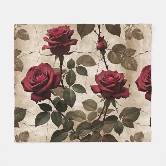 Deep Red Roses With Dark Green Leaves Fleece Deken (Voorkant (Horizontaal))