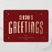 Deep Red Season's Greetings Retro Stars Foto Folie Feestdagenkaart (Voorkant)