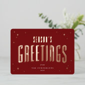 Deep Red Season's Greetings Retro Stars Foto Folie Feestdagenkaart (Staand Voorkant)