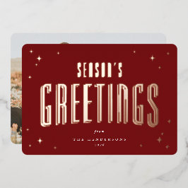 Deep Red Season's Greetings Retro Stars Foto Folie Feestdagenkaart