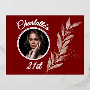 Deep Red Silver & Gold Waterverf Leaf Verjaardag Folie Uitnodiging Briefkaart