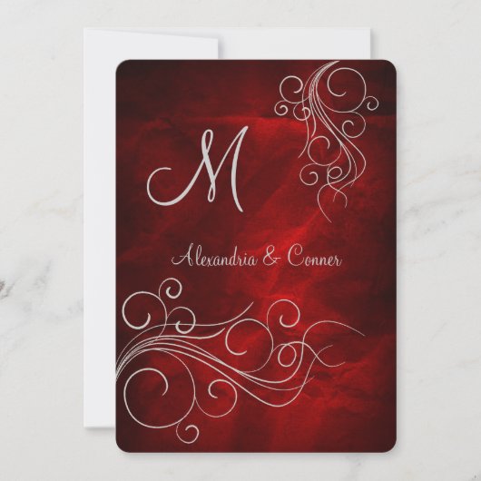 Deep Red Silver Swirl Monogram Formele bruiloft Kaart (Voorkant)