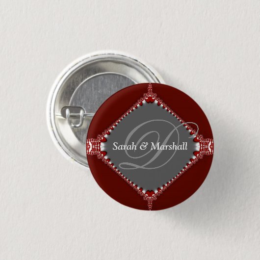 Deep Red+Silver Wedding Monogram Button (Voorkant /achterkant)