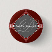 Deep Red+Silver Wedding Monogram Button (Voorkant)