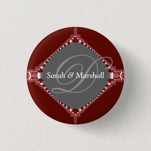 Deep Red+Silver Wedding Monogram Button (Voorkant)