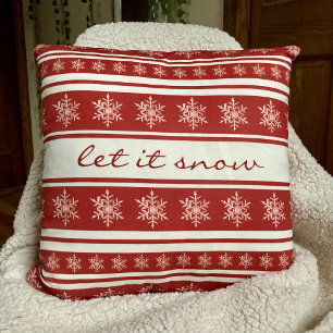 Deep Red Striped Snowflake laat hem sneeuwbalg Kussen