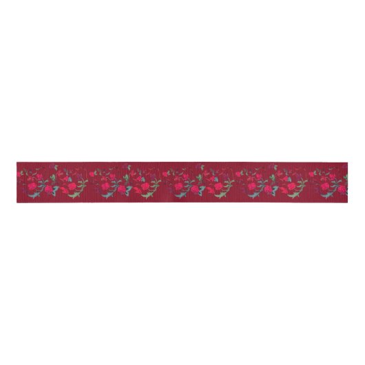 Deep Red Wassail Floral Ribbon Grosgrain Lint (Voorkant)