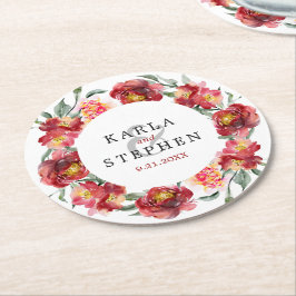 Deep-red Waterverf Garden Flowers Wreath Ronde Kartonnen Onderzetter